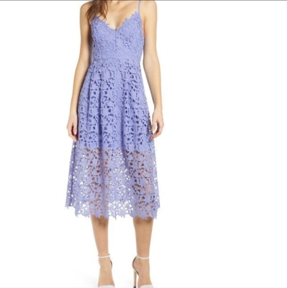 Astr The Label midi dress in light lilac lace/crochet dress,  medium